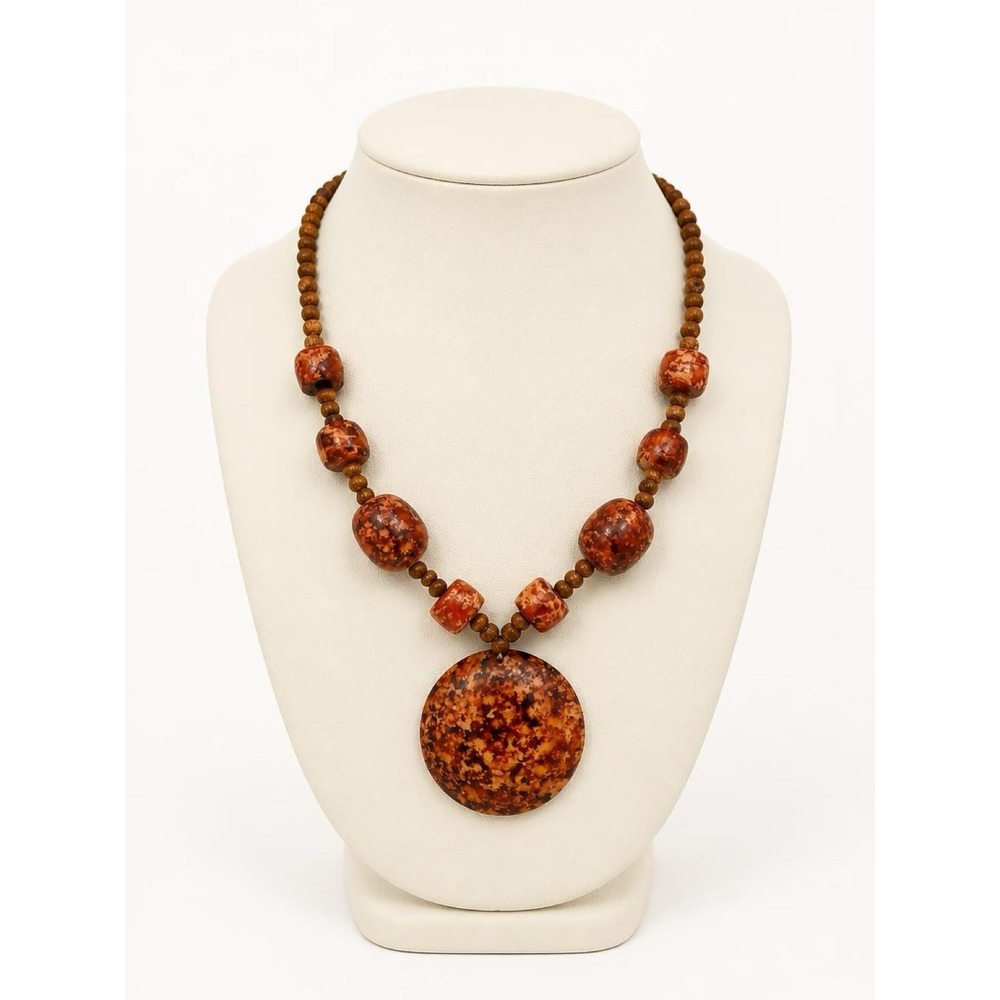 Vintage Boho Chunky Resin Statement Necklace Brown Tortoise Shell Marbled Wood
